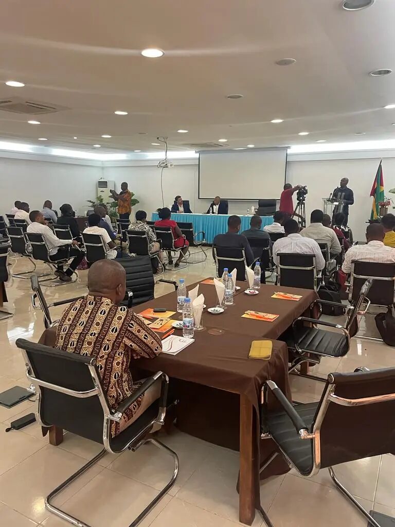 Sessão plenária da missão, com participantes sentados na sala de conferências