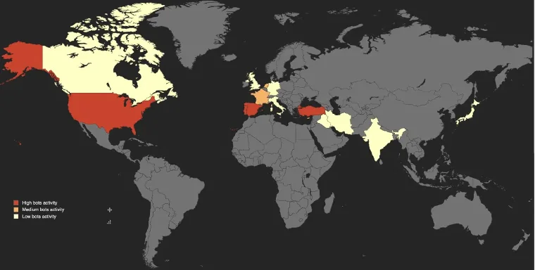 Mapa mundial da distribuição do malware coper/octo (Fonte: Medium).